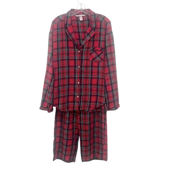 Victoria's Secret Pajama Set Womens Large Red Plaid Button Top Drawstring Pants - Picture 1 of 12